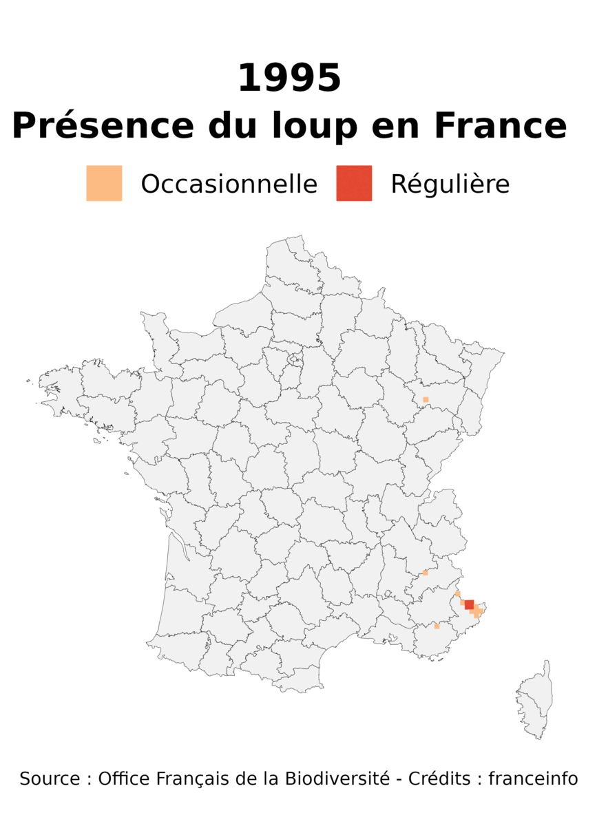 Carte de l'évolution de la présence du Loup en France